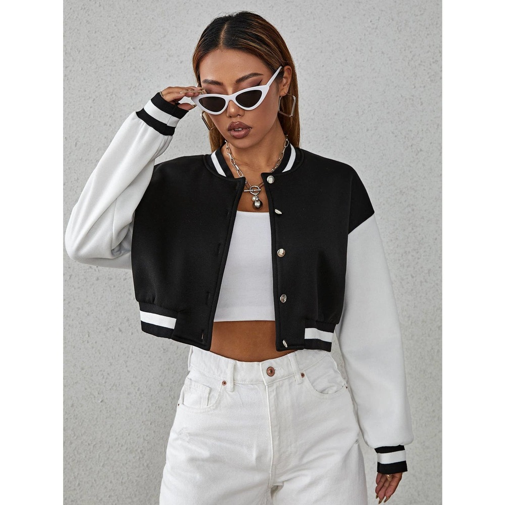 Drop Shoulder Two Tone Crop Bomber Jacket preppy black white - Picture 4 of 11